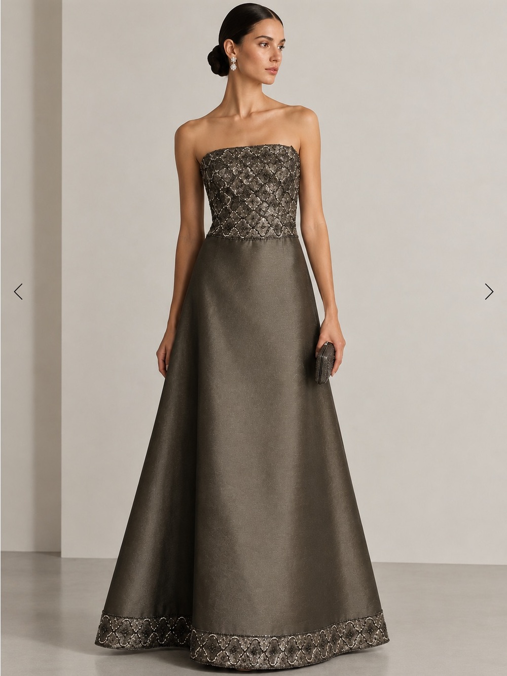 Zola Keller Custom Beaded A Line Ball Gown Taupe Brown Strapless BlackTie Formal